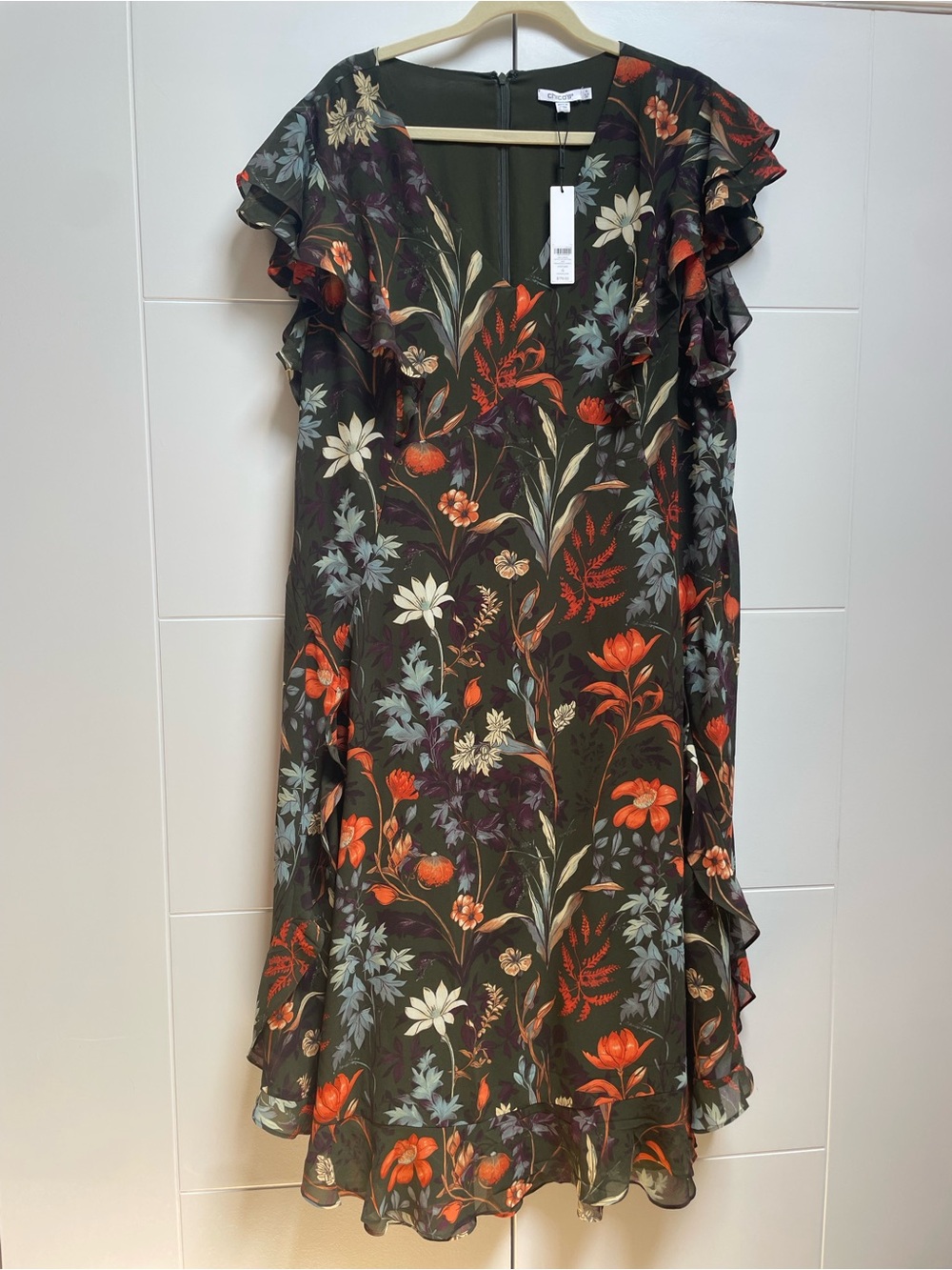 Chicos Floral Ruffle Autumn Maxi Dress Green brown cottagcore sz 4 US XXL New
